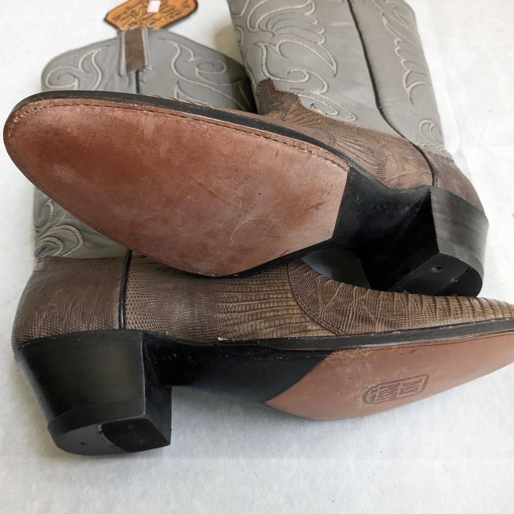 Dan Post Cowboy Boots Olive Green Lizard Leather Gray Men 8.5 - Picture 13 of 16